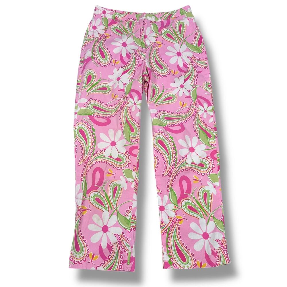 Vintage Lilly Pulitzer Capri Pants Women 4 Pink Paisley Daisy Butterfly Cotton